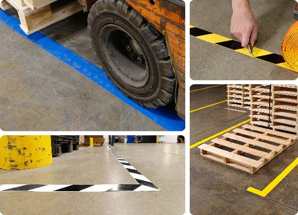 En collage af billeder med ToughStripe Max-gulvtape.