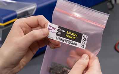 En label med en stregkode påføres på et produkt.