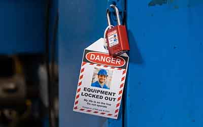 En hængelås med advarselsmærke.