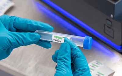 En kemiker påfører en label på et laboratorieprøveglas.