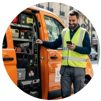 installatør, som kigger på sin telefon, med en varevogn i baggrunden