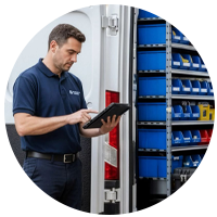 Installatør med åben varevogn i baggrunden